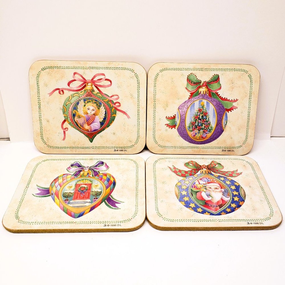 1995 Pennyroyal Christmas Ornaments Coasters Set Lot of 4 Cork Melamine